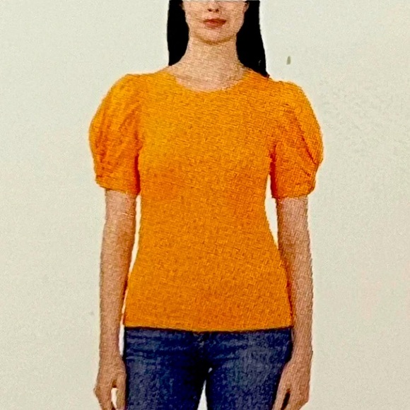 Vince Camuto Womens Puff Short Sleeve Fitted Top Ribbed Cotton NWT XS Orange - Picture 2 of 11